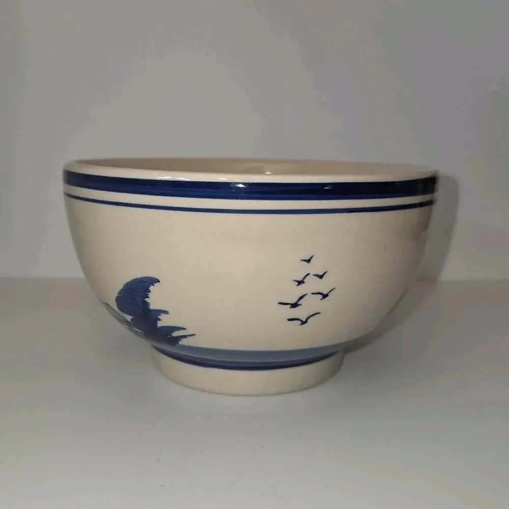 Vintage Delft Style Blue & White Ceramic Bowl - Hand Painted Windmill Pattern